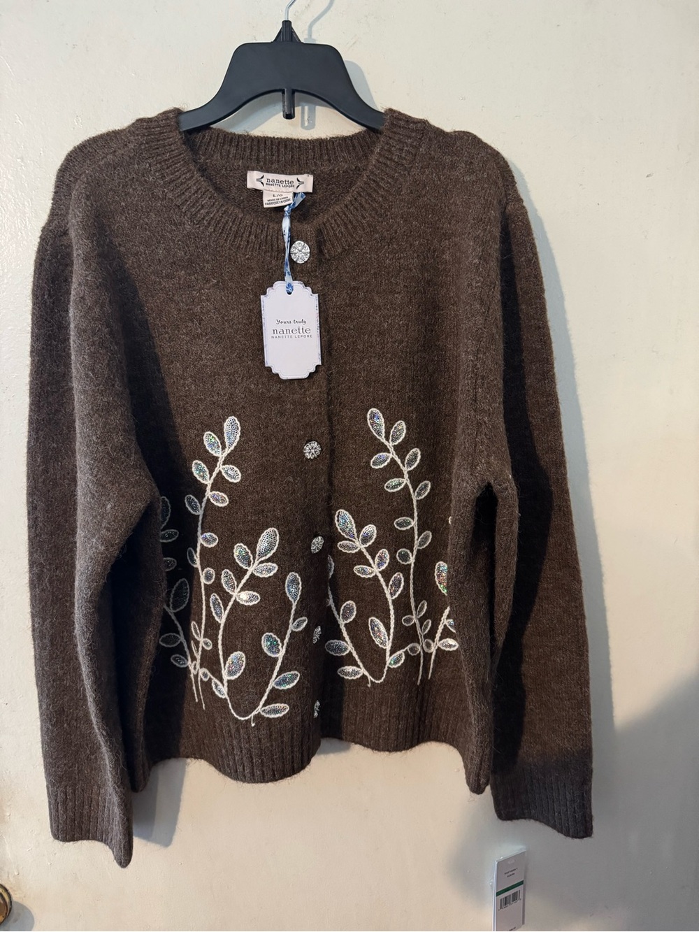 Nanette Lepore Brown Embroidered Button Cardigan